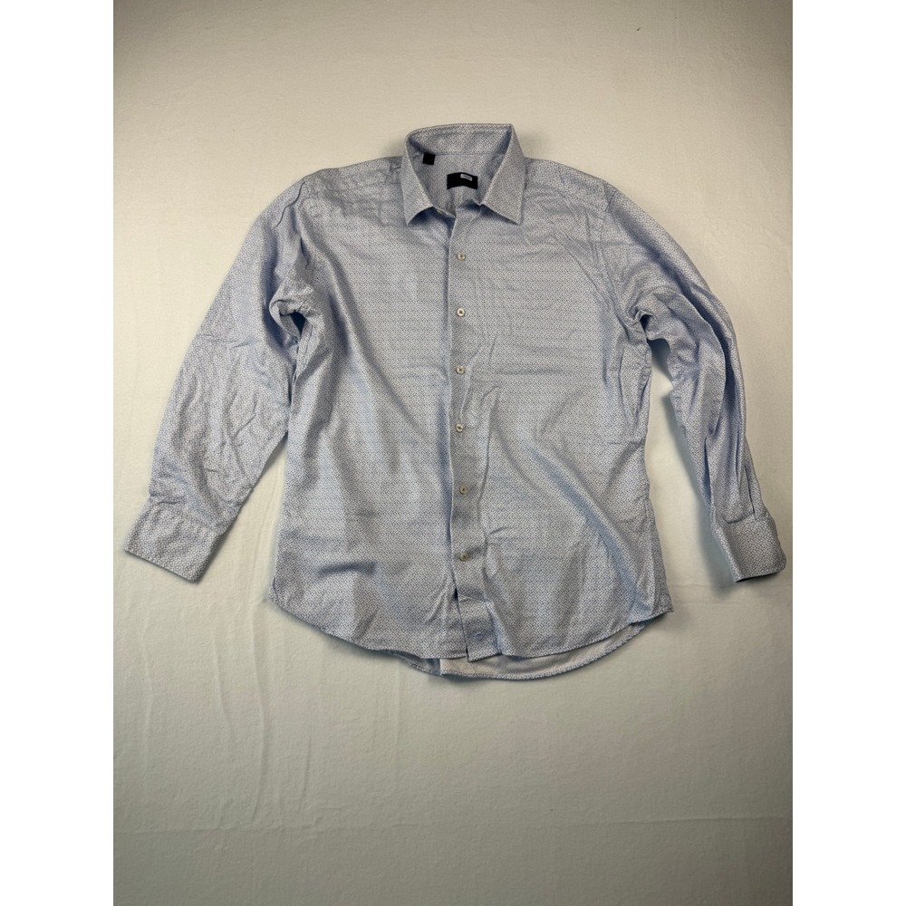 David Donahue Mens Blue White Geometric Print Cotton Button‎ Down Shirt Large
